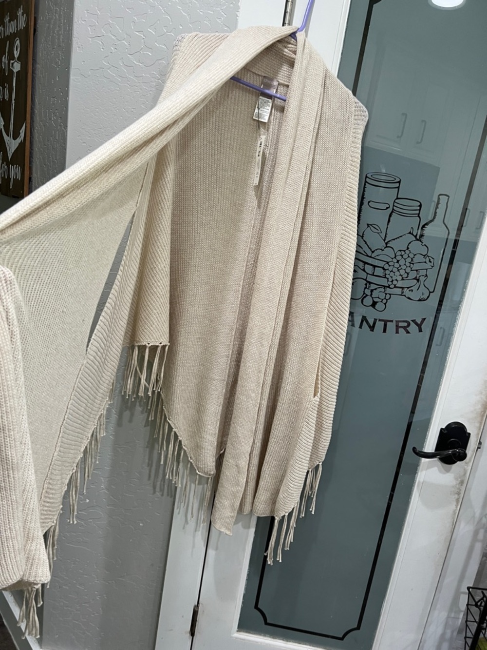 Chico's Beige Open-Knit Fringe Wrap Cardigan - Picture 9 of 13